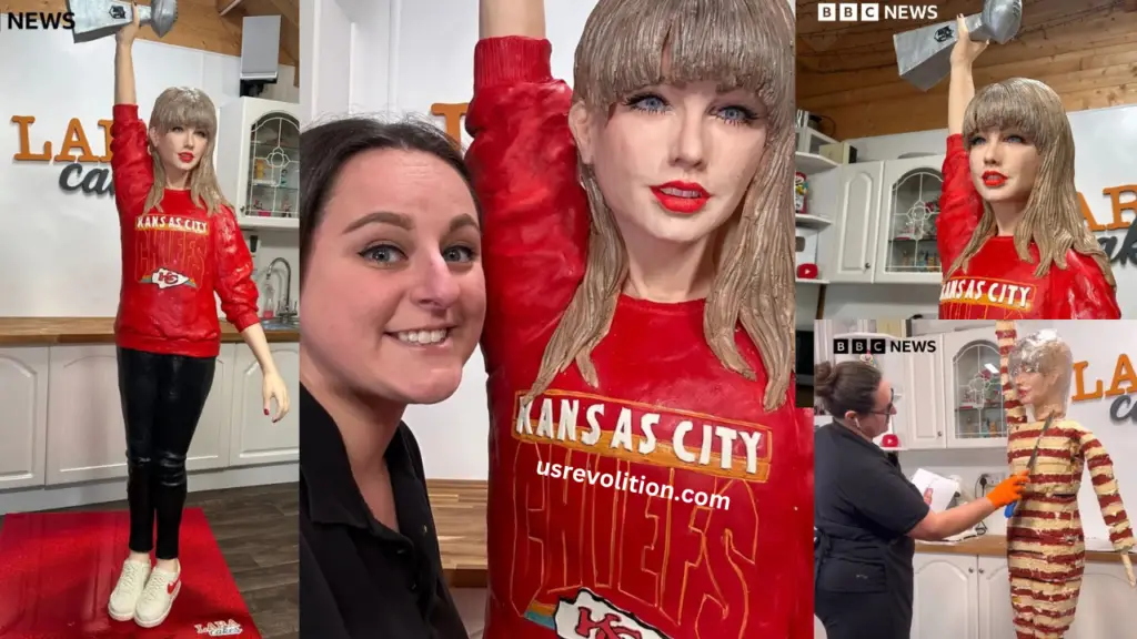 cake version of Taylor Swift is wearing a Kansas City Chiefs sweater and holding a Super Bowl trophy
